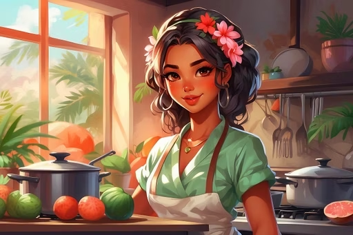 The Creative's profile pic. A cute culinary artist wearing flowers and a green apron while in a kitchen.