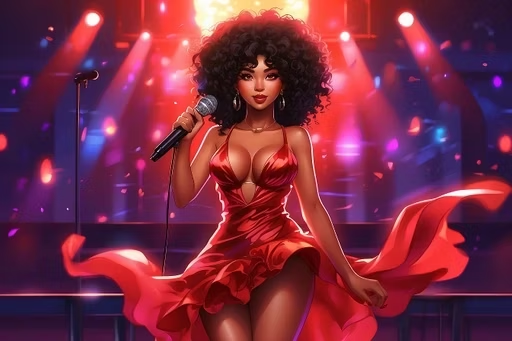 The Entertainer's profile pic. Voluptuous, red dress, big hair, tropical woman.